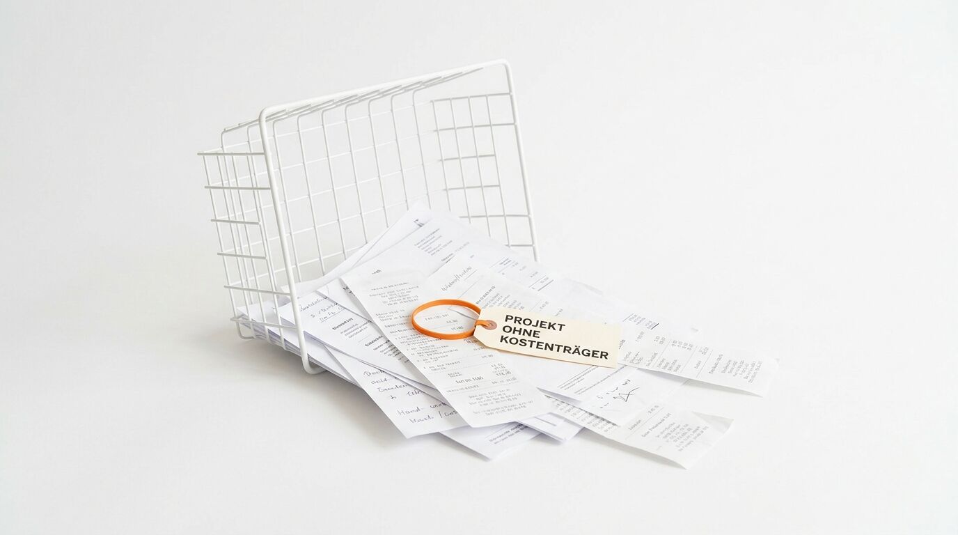 Ein umgekippter Einkaufswagen mit verstreuten Dokumenten und einer orangefarbenen Lupe mit der Aufschrift "PROJEKT OHNE KOSTENTRÄGER"