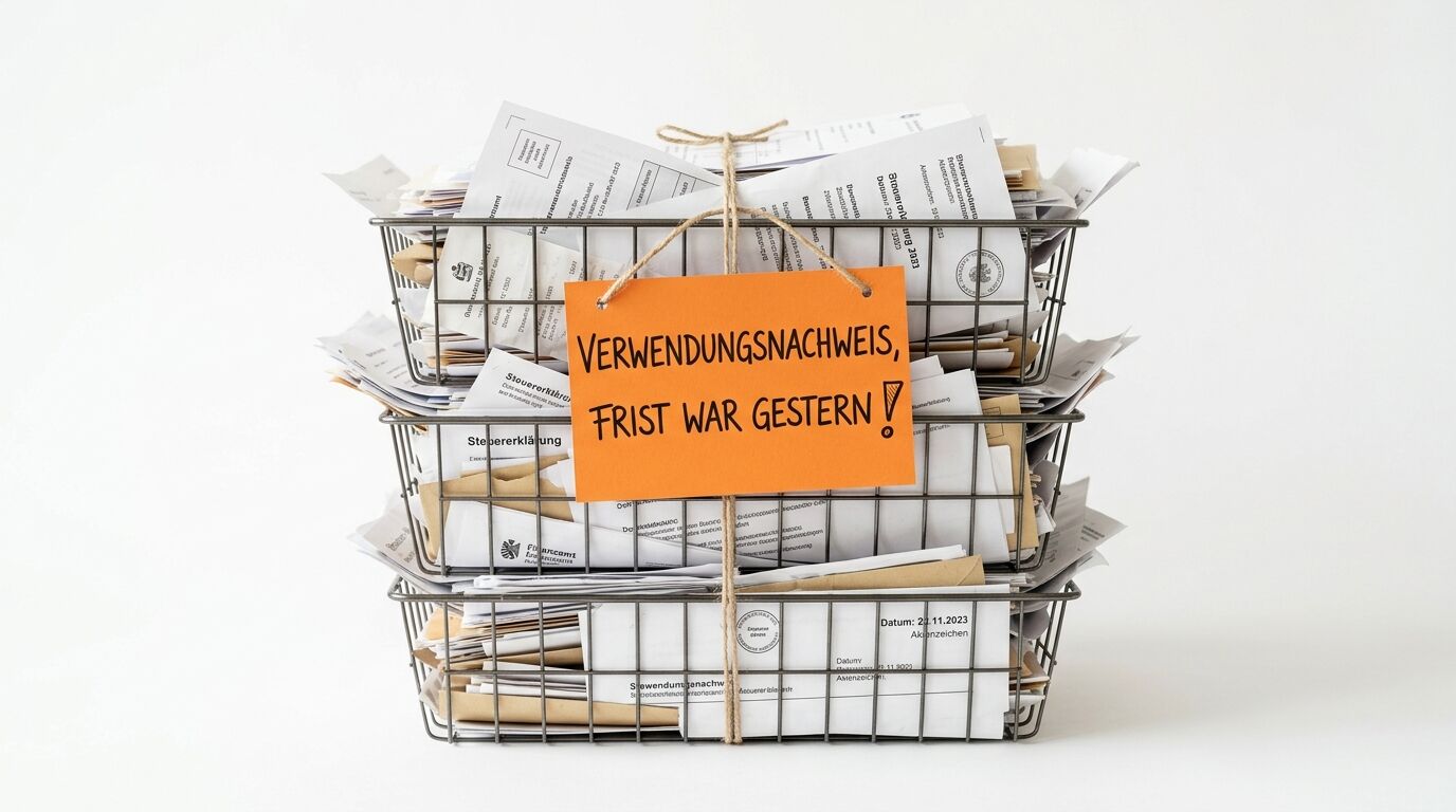 Metallkorb gefüllt mit Dokumenten und Papieren, gekennzeichnet mit orange Schild „Verwendungsnachweis, frist war gestern"