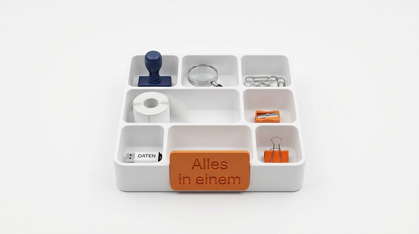 Weiße Schreibtisch-Organizer mit neun Fächern. Enthält Stempel, Lupe, Büroklammern, Toilettenpapier, USB-Stick, orangefarbene Klammern und einen orangenen Mittelteil mit der Aufschrift „Alles in einem"