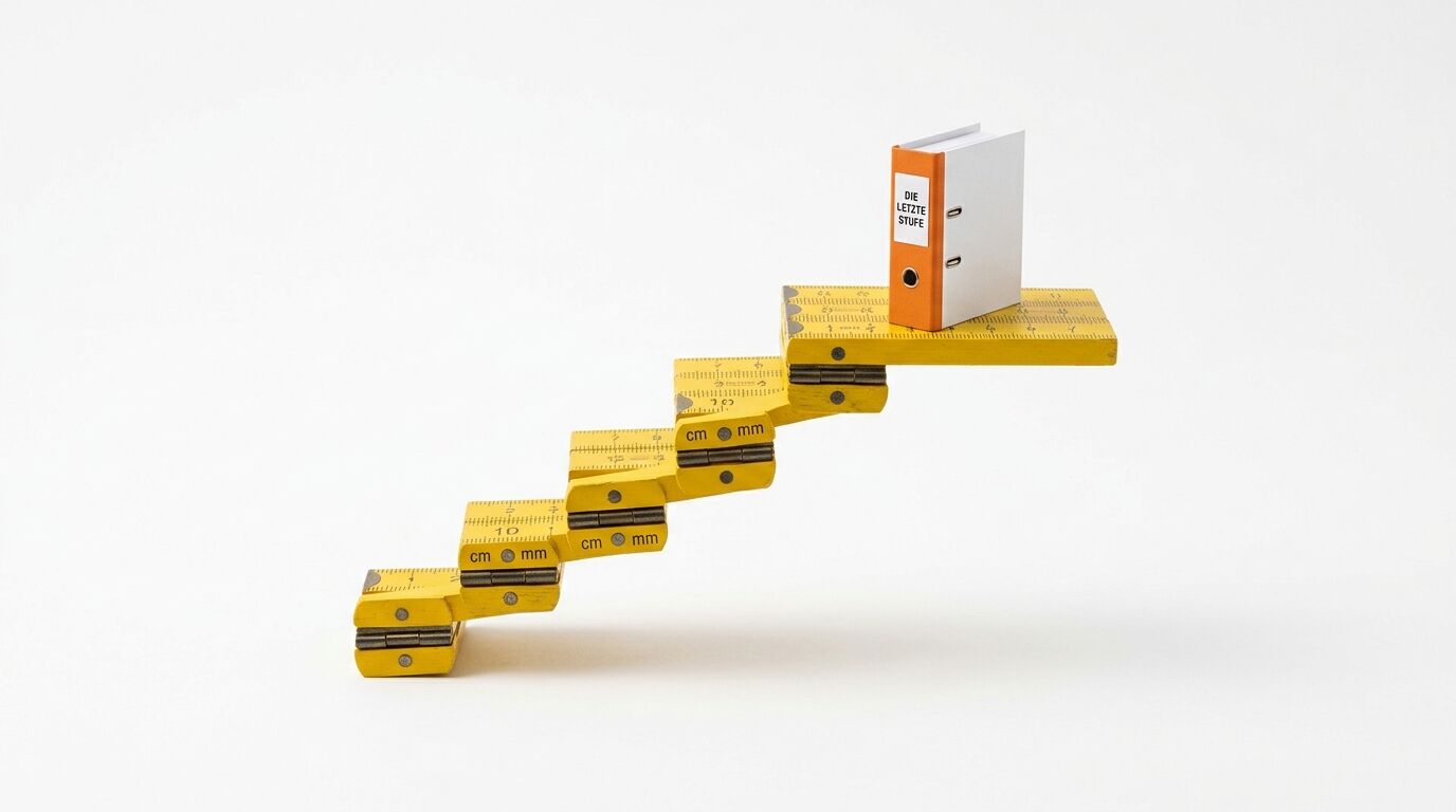 Gelbe Zollstöcke bilden eine Treppe, auf der oben ein orange-weißer Ordner mit der Aufschrift "DIE LETZTE STUFE" steht
