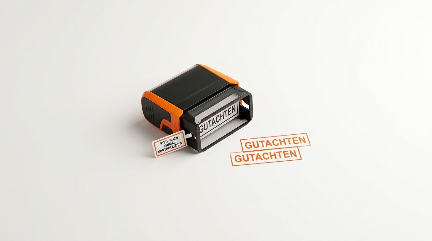 Ein Stempel mit orange-schwarzem Design zeigt "GUTACHTEN" und zwei gestempelte Ausdrucke daneben auf weißem Hintergrund