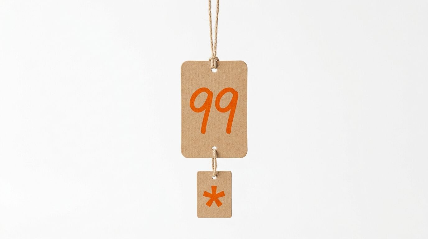 Zwei beige Preisschilder an Schnur hängend. Oberes Schild zeigt "99" in Orange, unteres Schild ein Asterisk-Symbol
