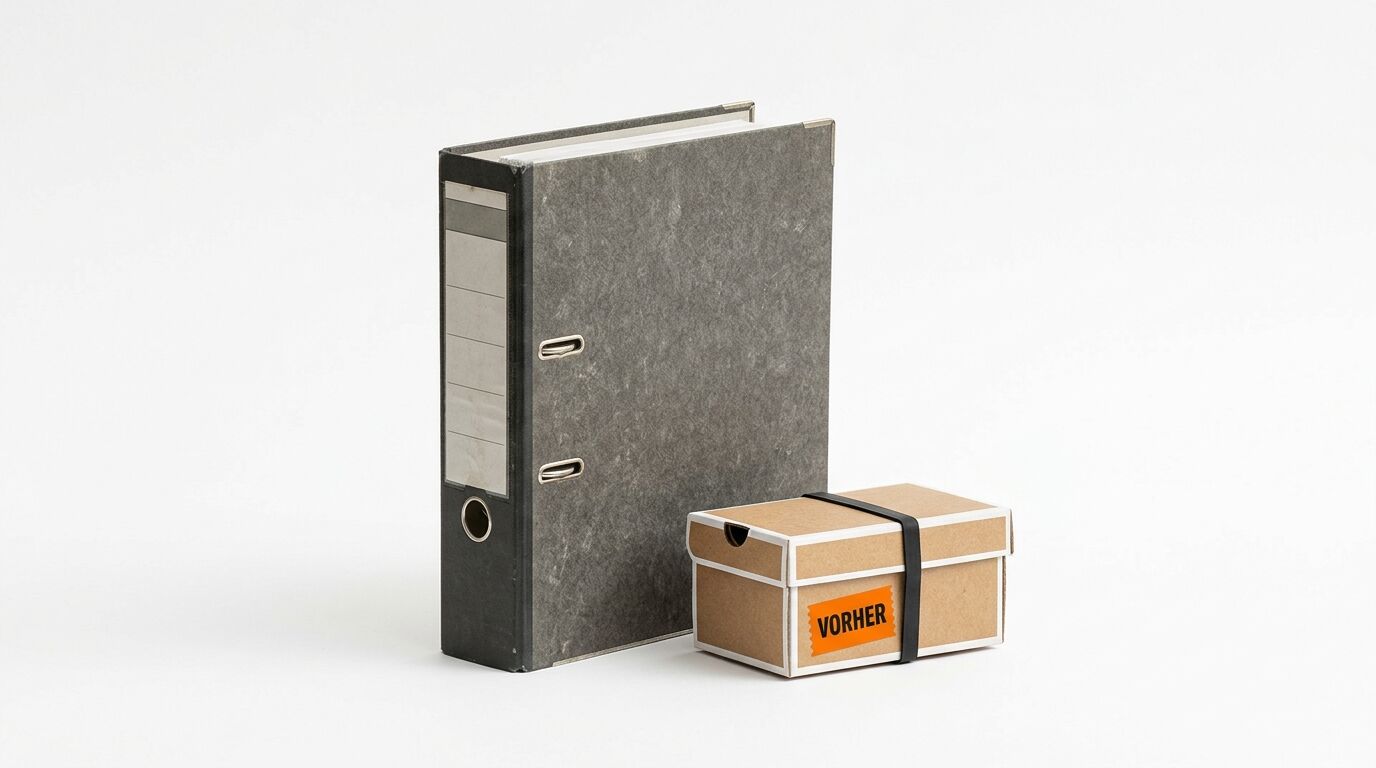 Ein grauer Ordner und eine Archivbox mit "VORHER" Beschriftung auf weißem Hintergrund