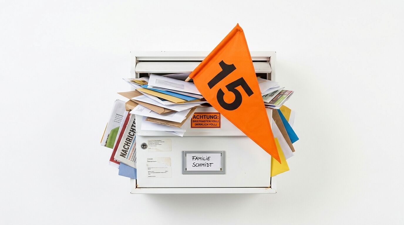 Briefkasten mit Hausnummer 15, überquellendem Inhalt und orangefarbener Flagge mit Aufschrift "FAMILIE SCHMIDT"