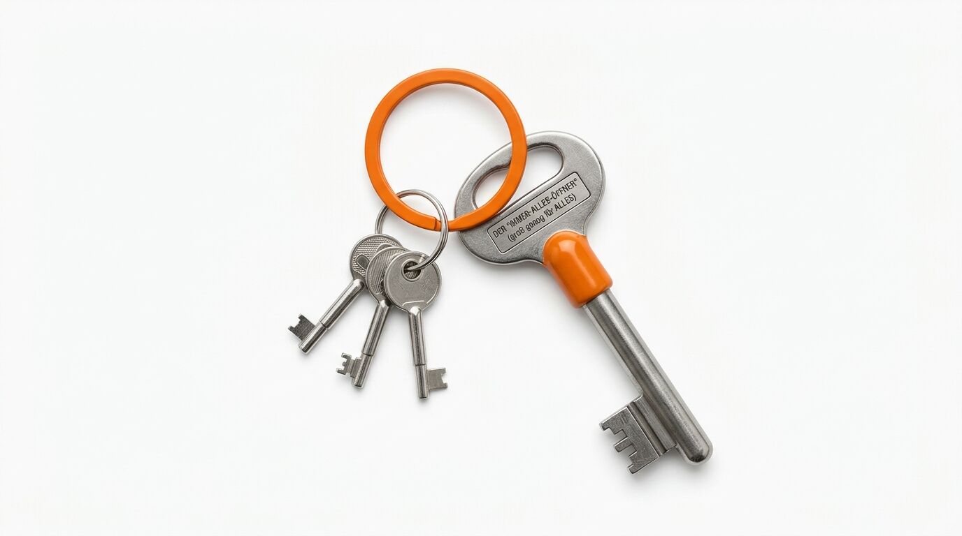 Schlüsselbund mit orangem Kunststoffring, Metallkeychain und mehreren Schlüsseln auf weißem Hintergrund