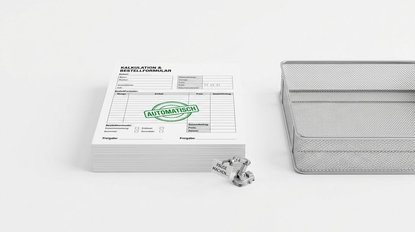 Bestellformulare mit „AUTOMATISCH“-Stempel, Roboterarm und Metallablage auf weißem Grund