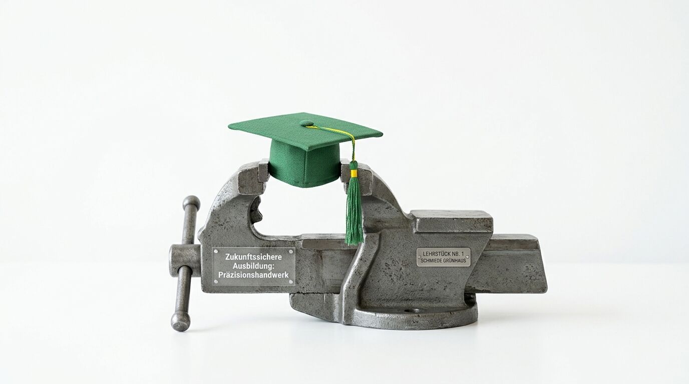Ein Schraubstock hält einen grünen Doktorhut mit Tassel, links und rechts gravierte Plaketten
