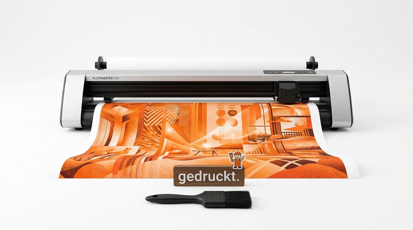 Großformatdrucker „Plotmaster 900“ mit orangefarbenem Ausdruck und Pinsel auf weißem Grund