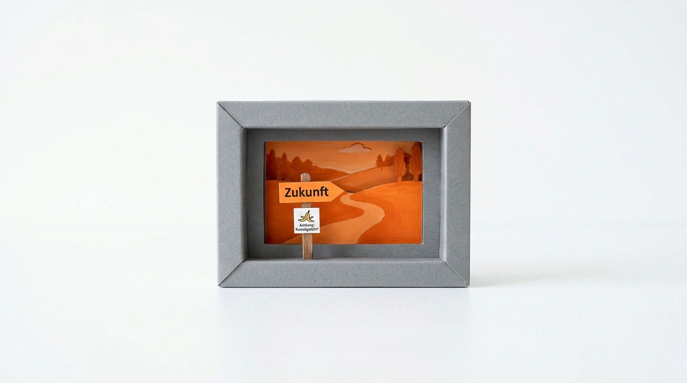 Grauer Rahmen mit Orange-Schichtkunst-Landschaft, Wegweiser „Zukunft“ und kleinerem Schild unten