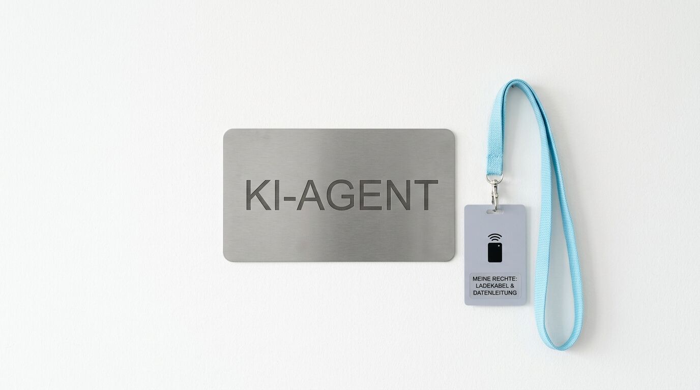 Edelstahlschild mit Gravur „KI-AGENT“ neben einem Ausweis mit hellblauem Schlüsselband