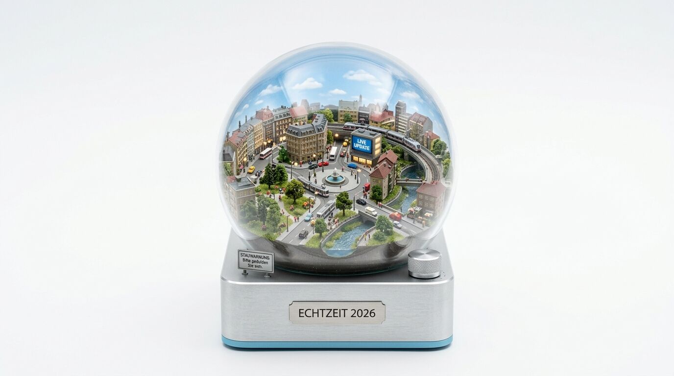 Eine beleuchtete Schneekugel mit Stadt-Miniatur auf einem Metallsockel vor weißem Hintergrund