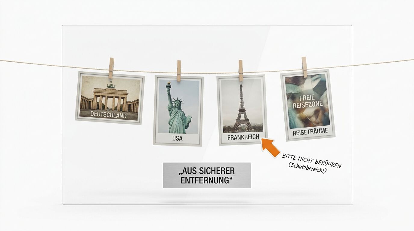 Reisefotos an Leine, Text: „AUS SICHERER ENTFERNUNG“, „FREIE REISEZONE“, „REISETRÄUME“