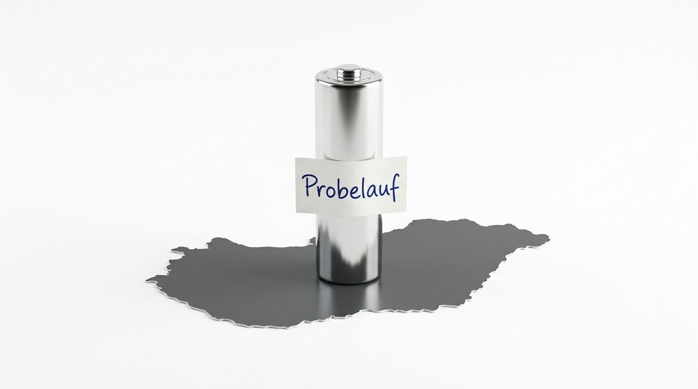 Batterie mit Aufschrift „Probelauf“ steht auf einem Umriss der ungarischen Landkarte