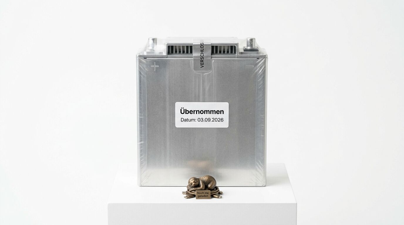 Verpackte Batterie mit „Übernommen“-Aufkleber und liegender Faultierfigur vor weißem Hintergrund
