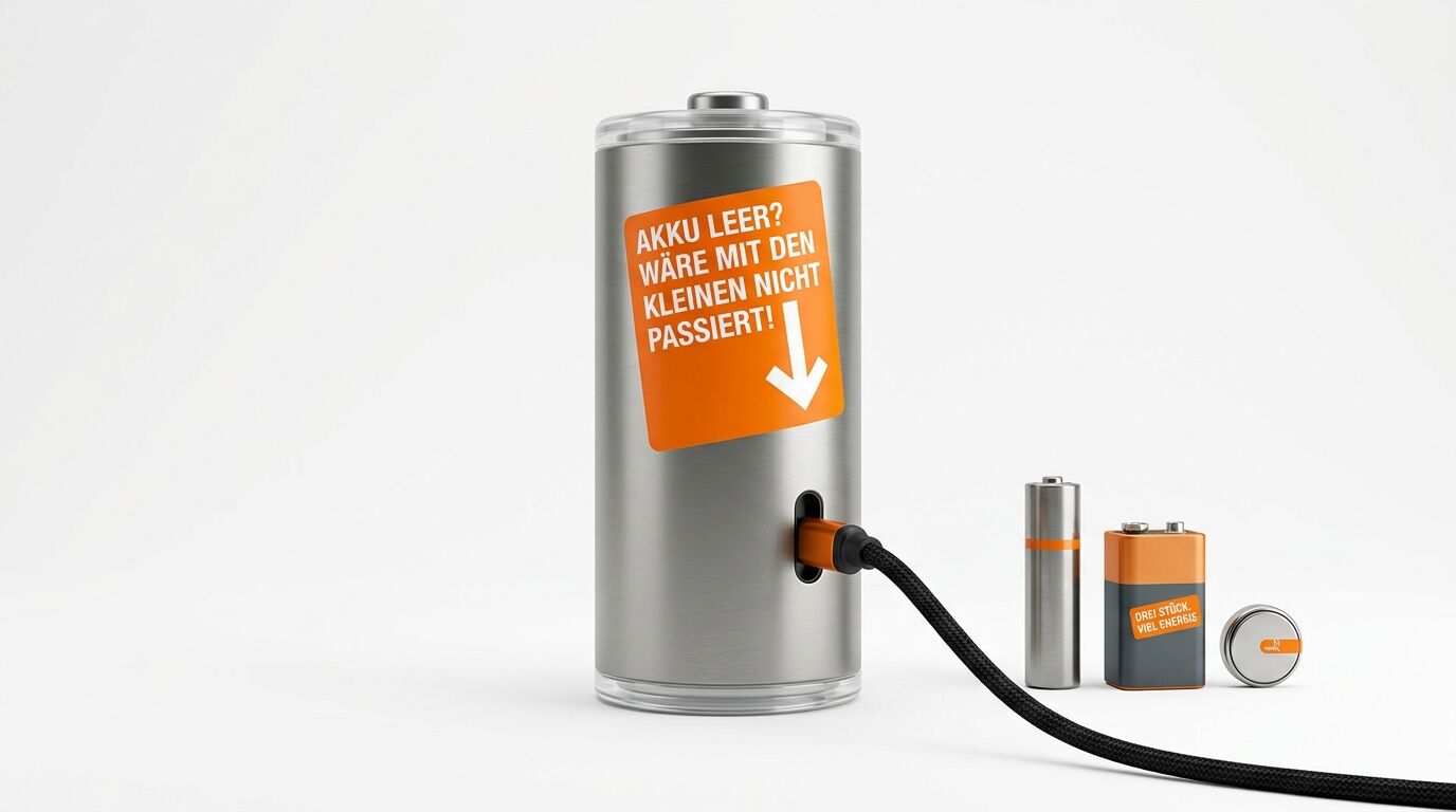 Großer Akku lädt kleinere Batterien per Kabel auf weißem Hintergrund