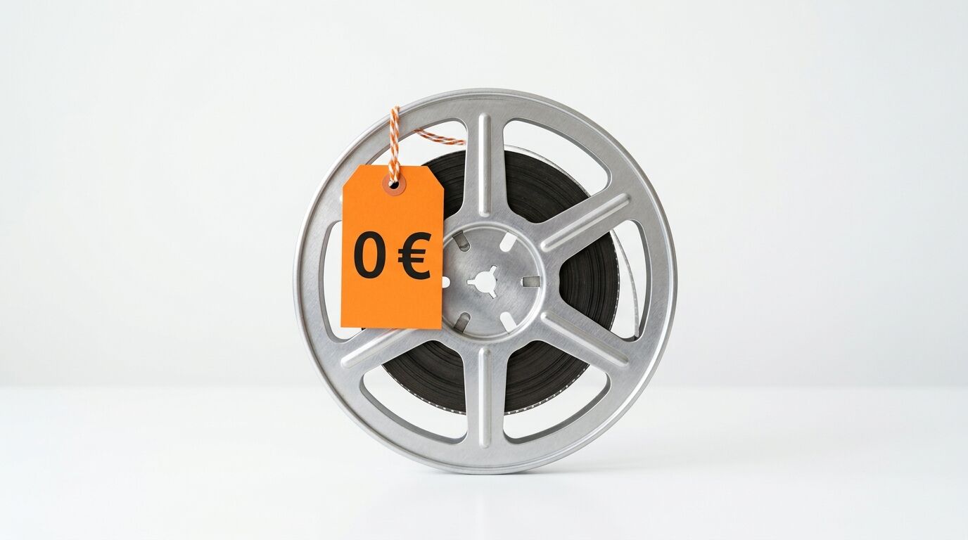 Eine Filmspule vor hellem Hintergrund mit einem orangen Preisschild, das „0 €“ anzeigt