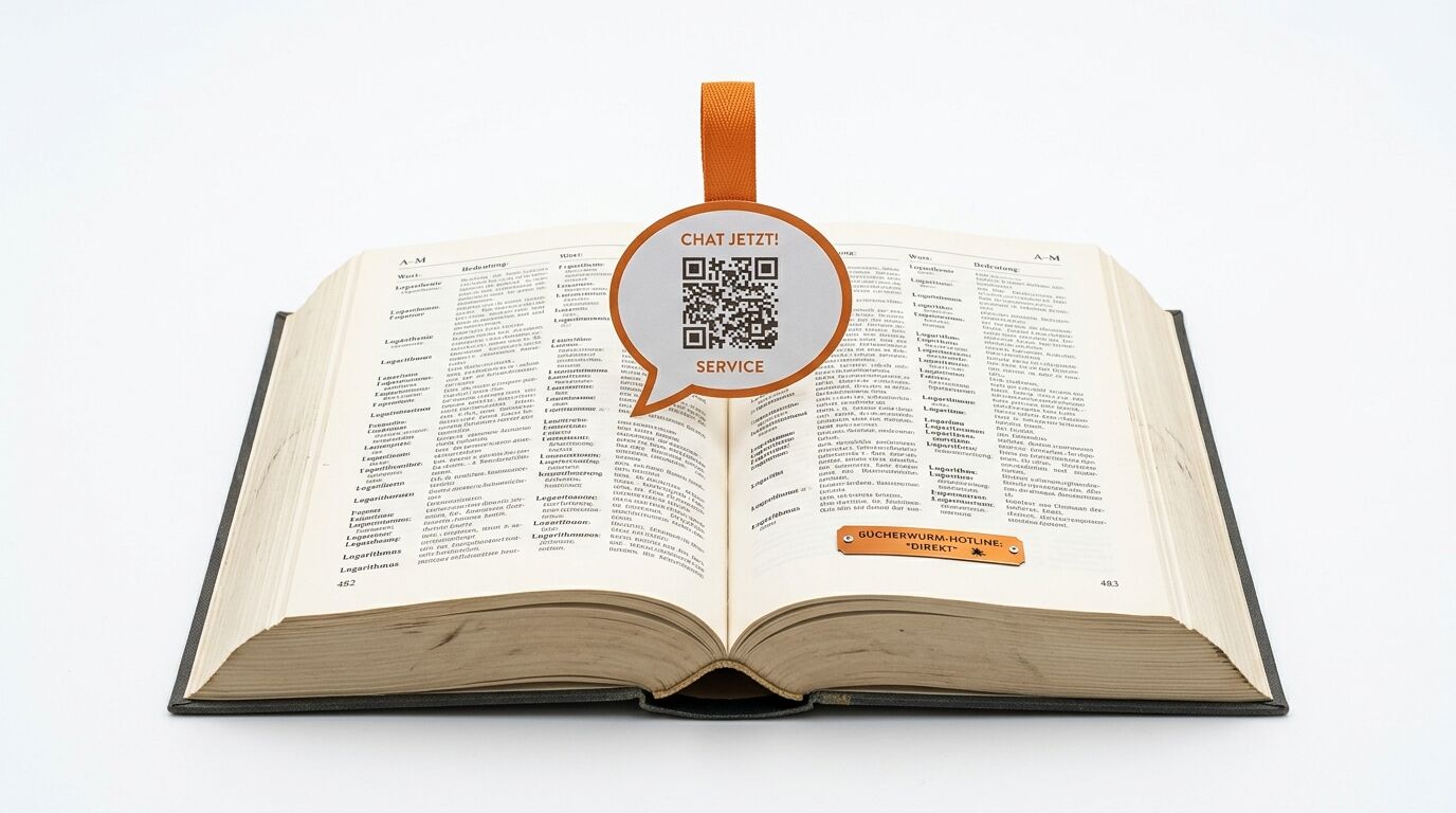 Geöffnetes Buch mit orangefarbener Sprechblase und QR-Code im Zentrum auf weißem Grund