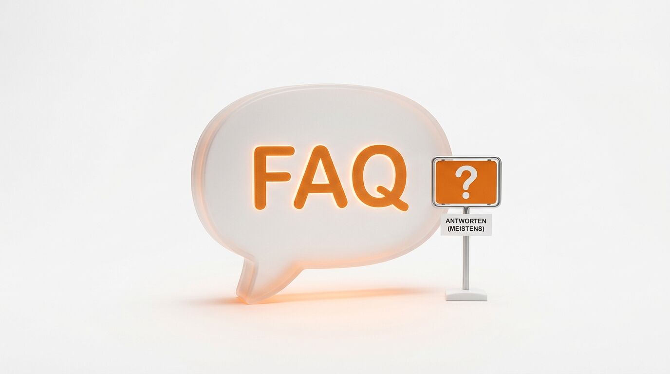 Eine 3D-Darstellung einer Sprechblase mit dem orangefarbenen Schriftzug „FAQ“