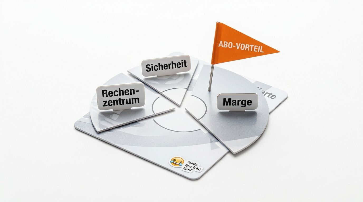 Modell aus Platten, Wimpel „ABO-VORTEIL“, Schildern (Rechenzentrum, Sicherheit, Marge) & Emoji
