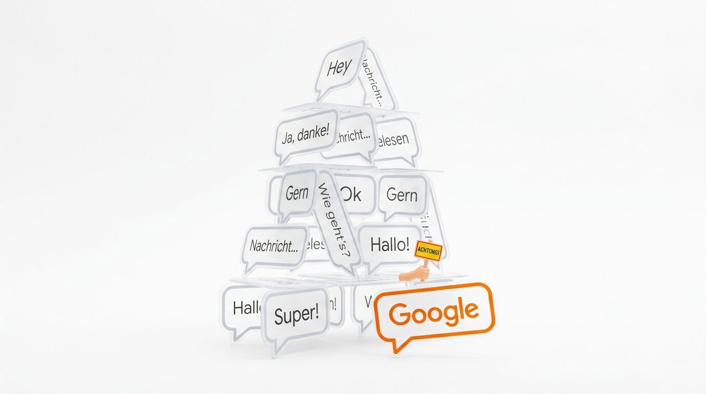 Kartenhaus aus Sprechblasen mit deutschem Text vor Google-Sprechblase auf weißem Hintergrund