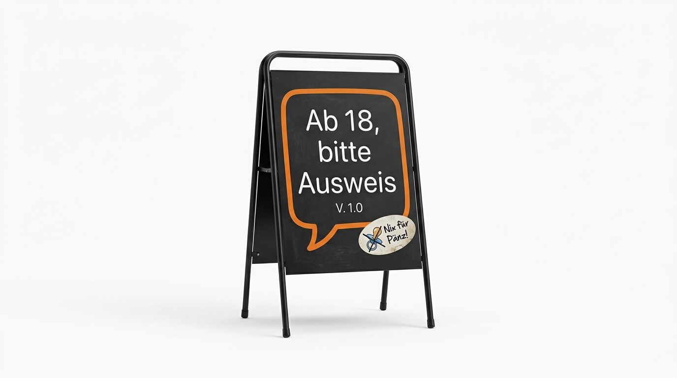 Ein A-Aufsteller mit der Aufschrift „Ab 18, bitte Ausweis V. 1.0“ und einem Sticker „Nix für Pänz!“