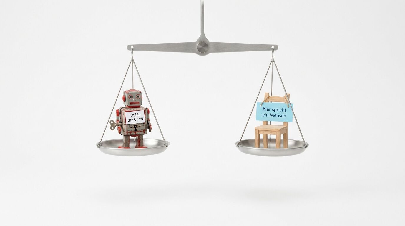 Waage mit Blechroboter links, Holzstuhl rechts; beide Schilder mit deutschem Text