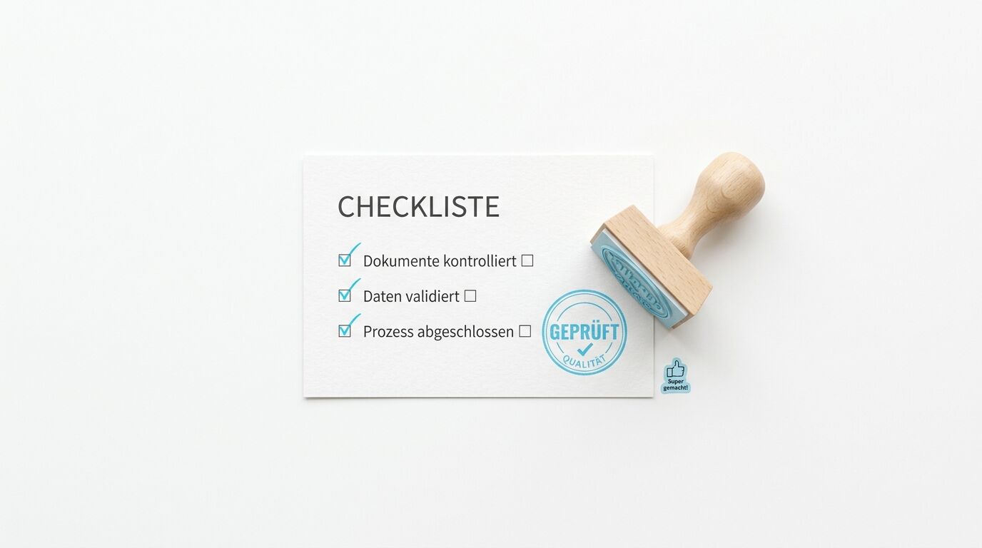 Eine bearbeitete Checkliste und ein Holzstempel auf weißem Hintergrund