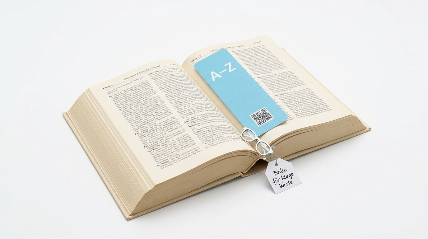 Aufgeschlagenes Buch mit Brille, blauem Lesezeichen (A–Z, QR-Code) und Textanhänger