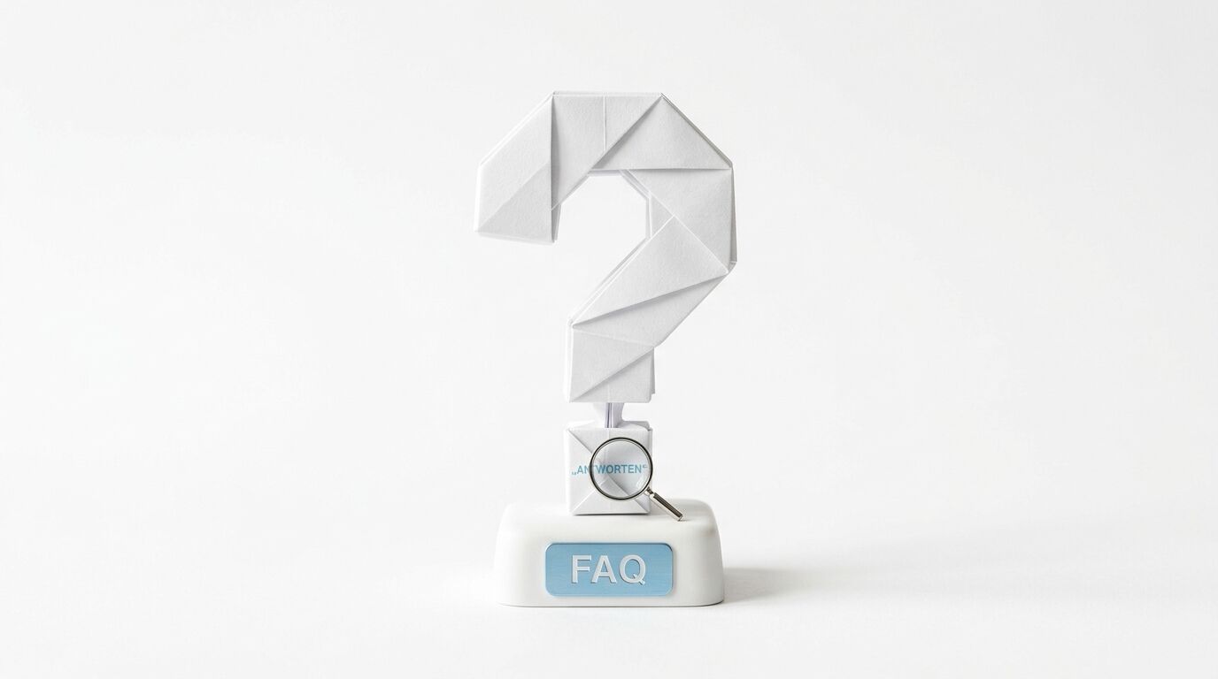 Ein Origami-Fragezeichen auf einem weißen Sockel mit der Aufschrift „FAQ“ und Lupe