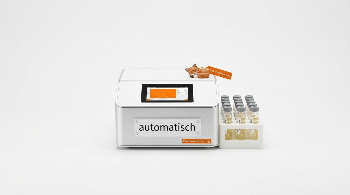 Laborgerät mit Display, Reagenzgläsern, schlafendem Fuchs und Text „automatisch Probenverarbeitung“