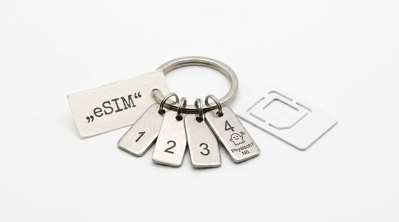 Schlüsselbund mit nummerierten Metallanhängern und einem Papieranhänger mit der Aufschrift „eSIM“