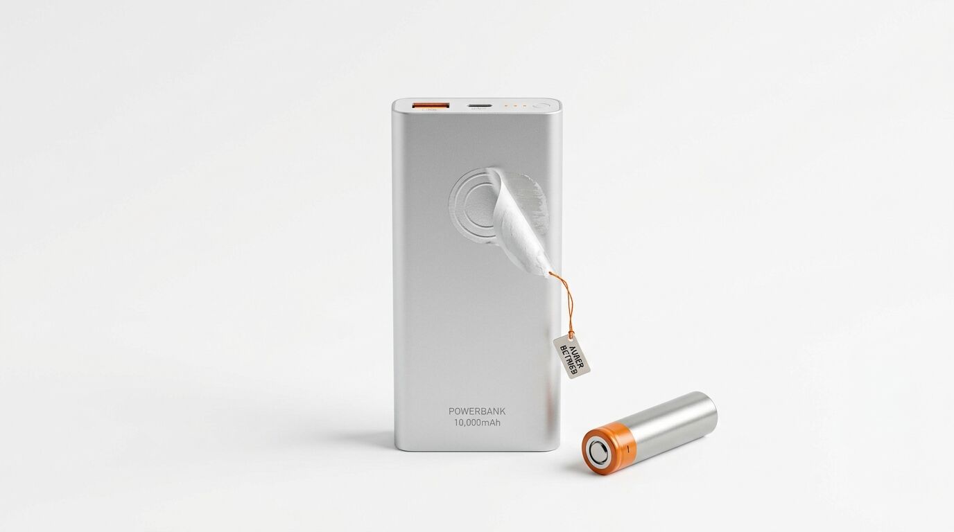 Silberne 10.000mAh Powerbank mit Teebeutel und Batterie davor auf weißem Grund