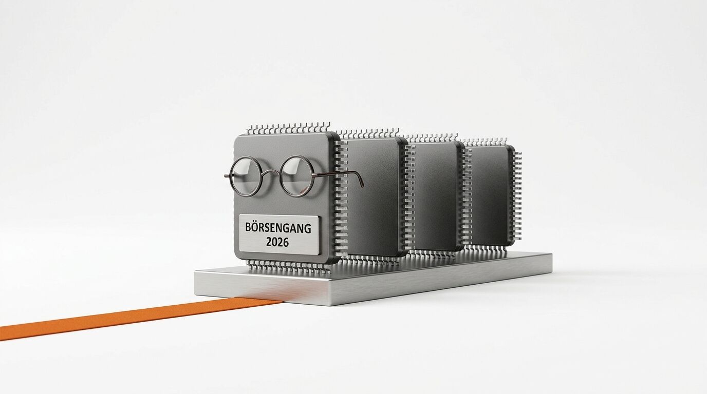 Reihe stehender Computerchips, vorderster mit Brille und Schild „BÖRSENGANG 2026“