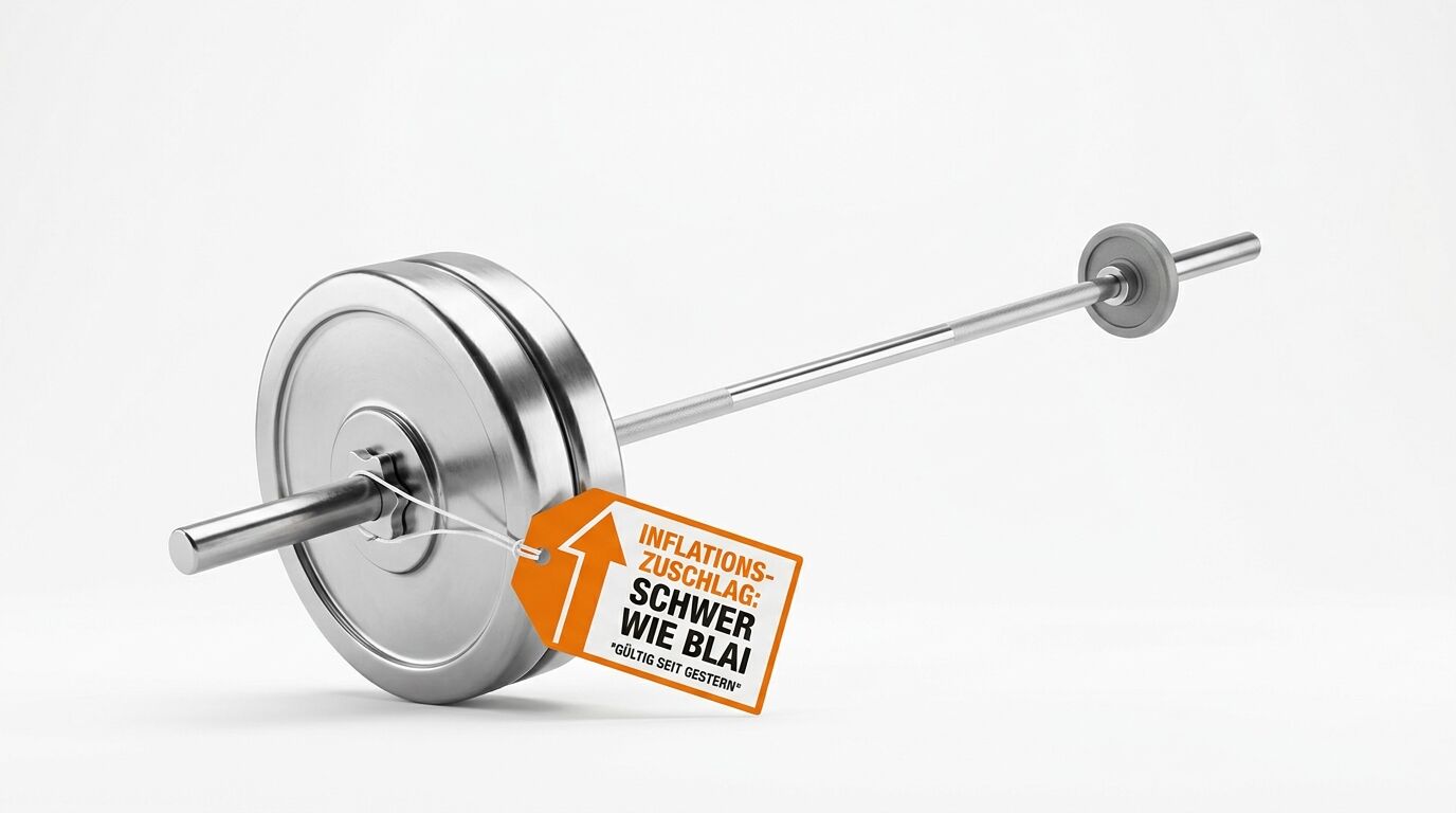 Hantel mit orangefarbenem Schild: „Inflationszuschlag: schwer wie Blei, gültig seit gestern“