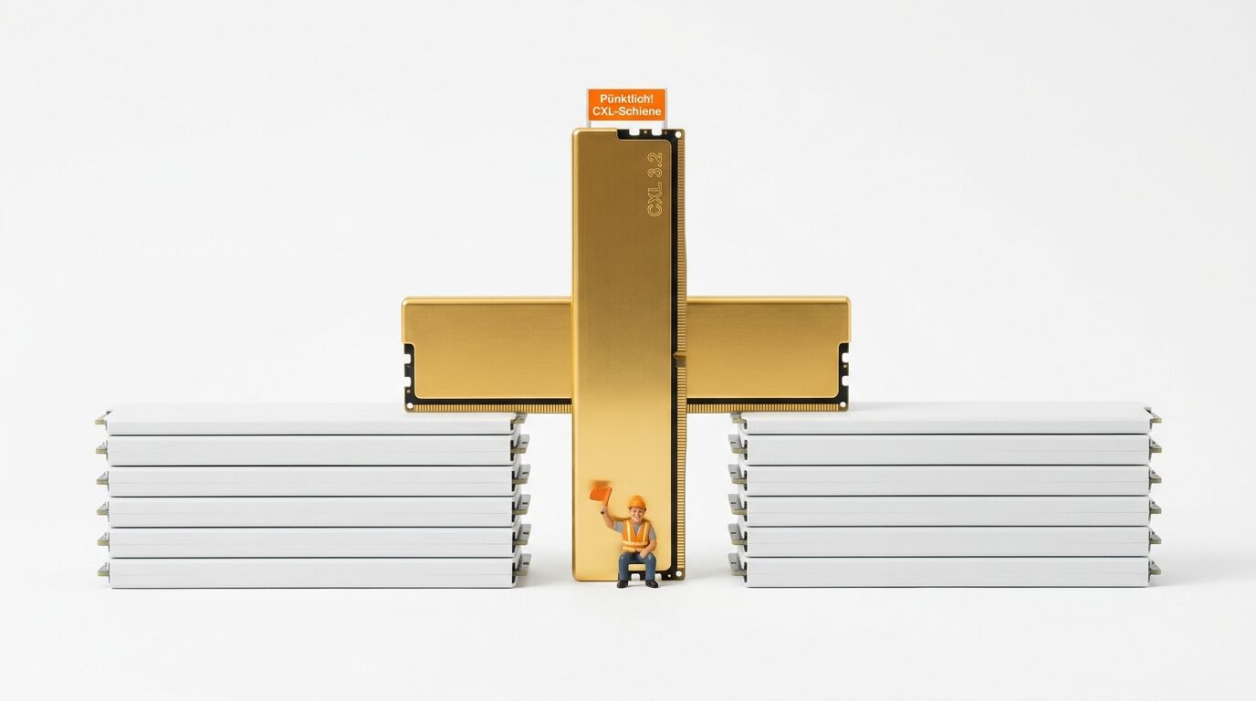 DDR5-Module und eine winzige Bauarbeiterfigur bilden ein goldenes Pluszeichen