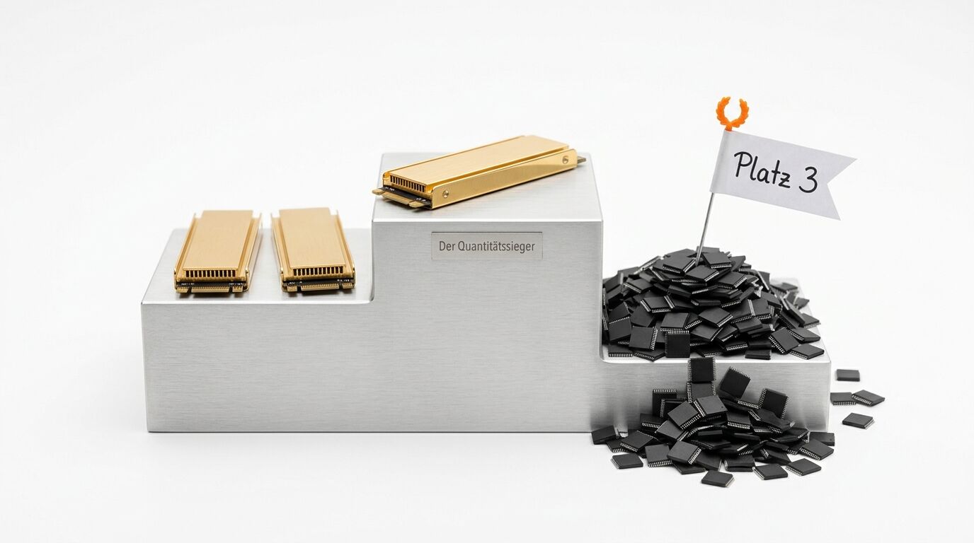 Ein Siegerpodest mit Gold-Prozessoren, Plakette „Der Quantitätssieger“ und Chip-Haufen