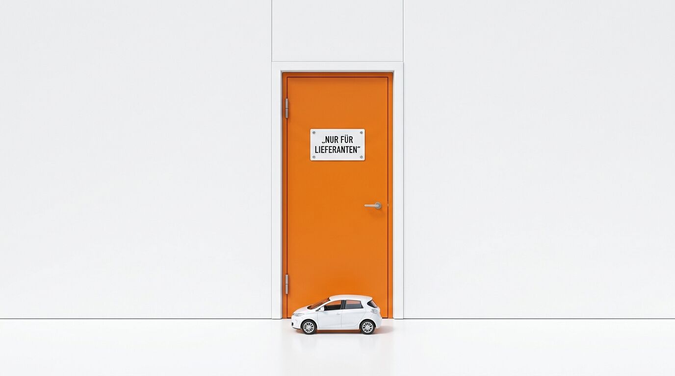 Kleine weiße Lieferwagen-Miniatur vor einer orangefarbenen Tür mit Hinweisschild