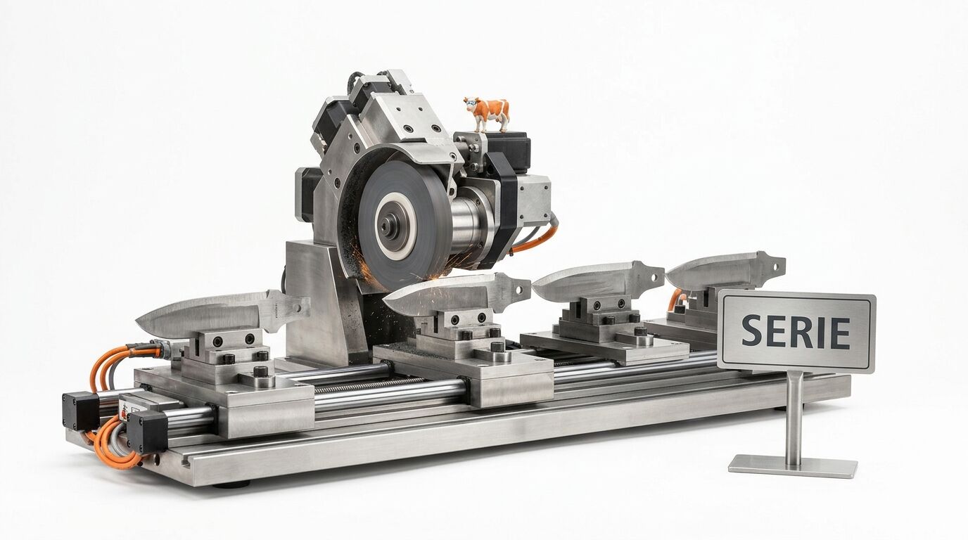 Industriemaschine schleift Messerklingen in Serie mit Funkenschlag, Spielzeugkuh oben auf