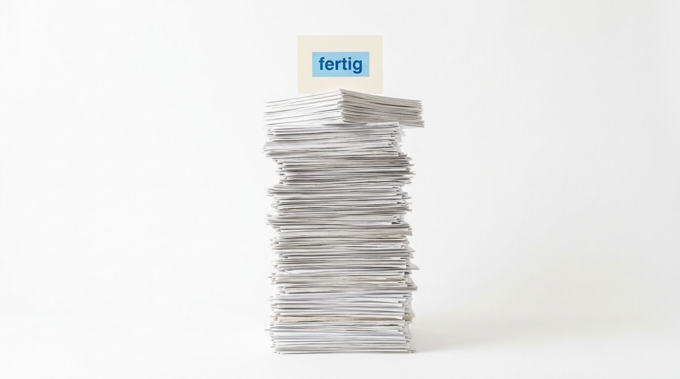 Hoher Stapel weißer Papiere auf weißem Grund, darauf ein Schildchen mit Aufschrift „fertig“