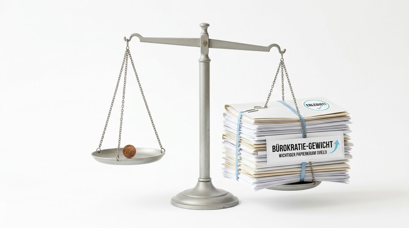 Waage: Münze links, dicker Papierstapel (