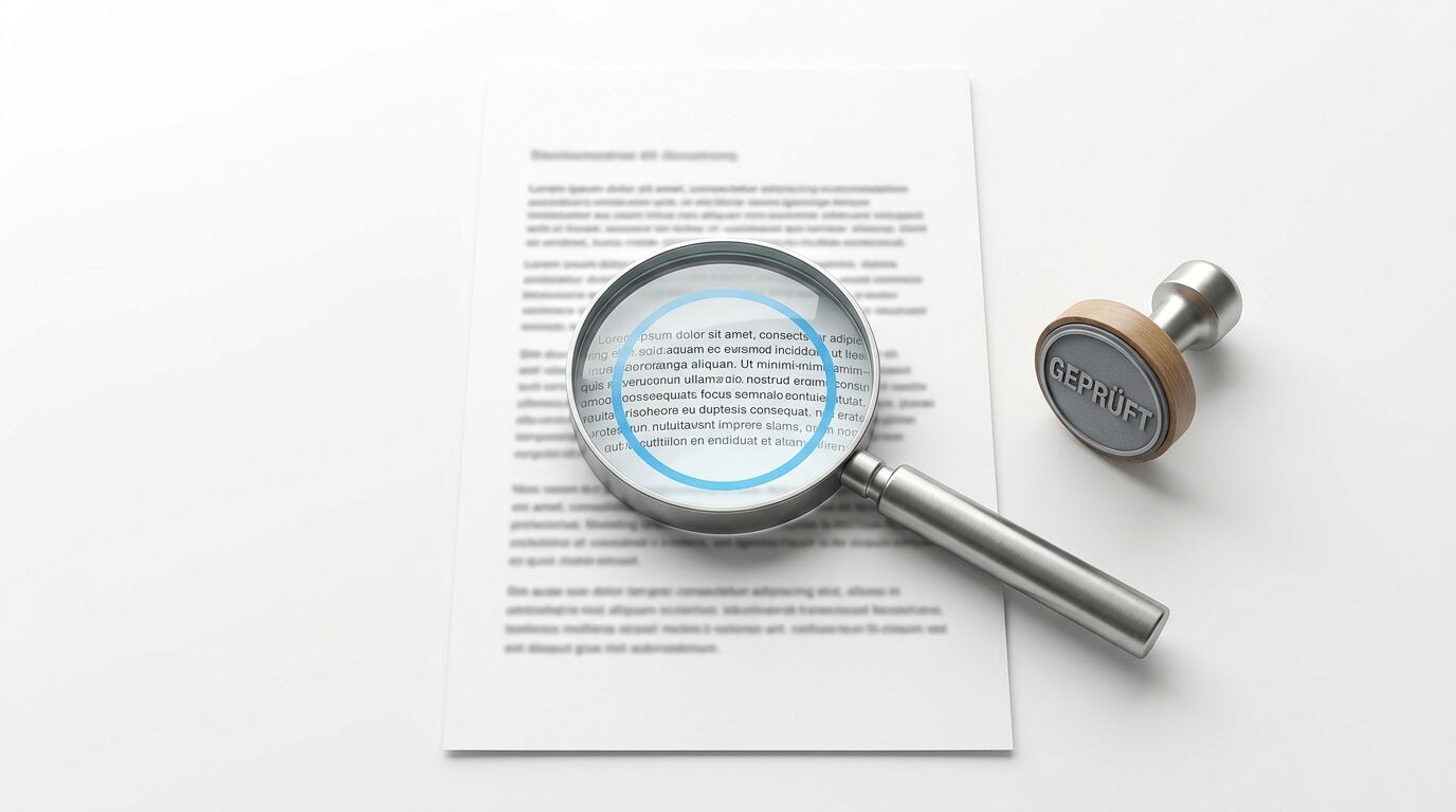 Ein Dokument mit einer Lupe darauf und einem Stempel mit der Aufschrift „GEPRÜFT“ daneben