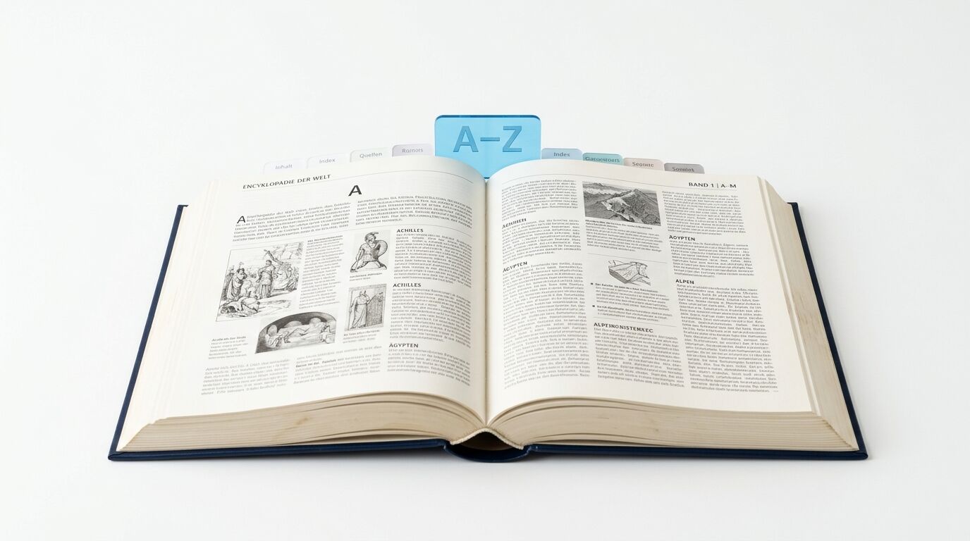 Geöffnetes Lexikon mit A-Z-Symbol und Einträgen wie