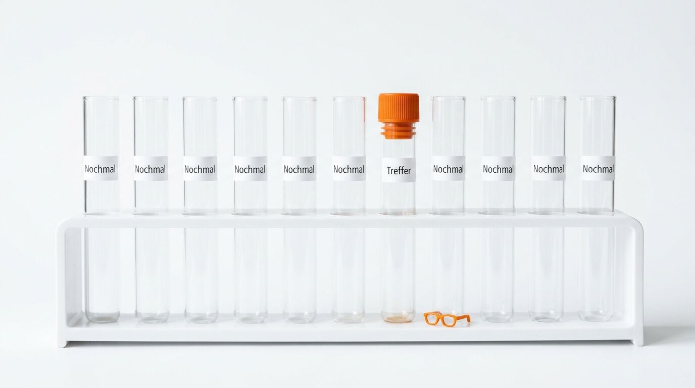 Reagenzglasständer mit 11 Gläsern, eines davon mit orangefarbenem Deckel und Beschriftung „Treffer“