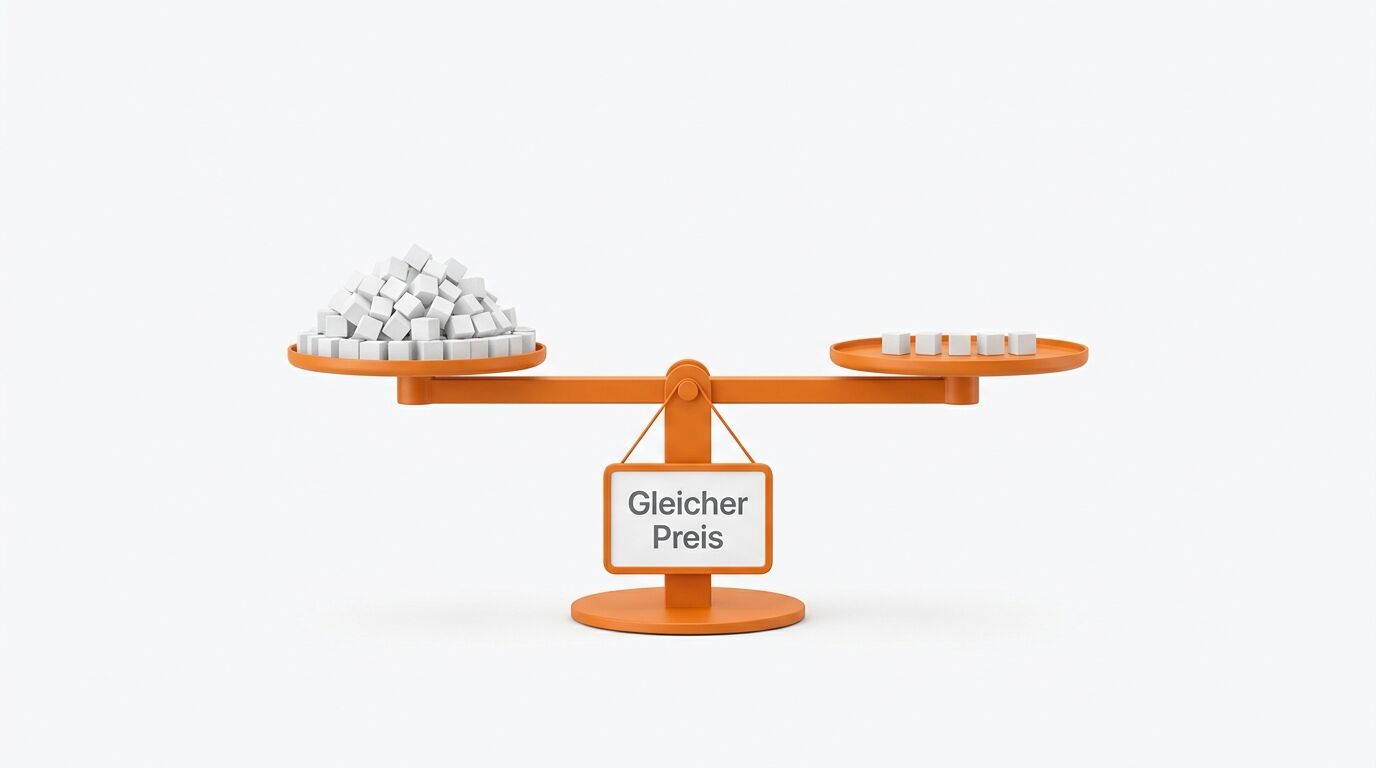 Waage mit Text „Gleicher Preis“, links viele, rechts wenige Würfel, ausgeglichen