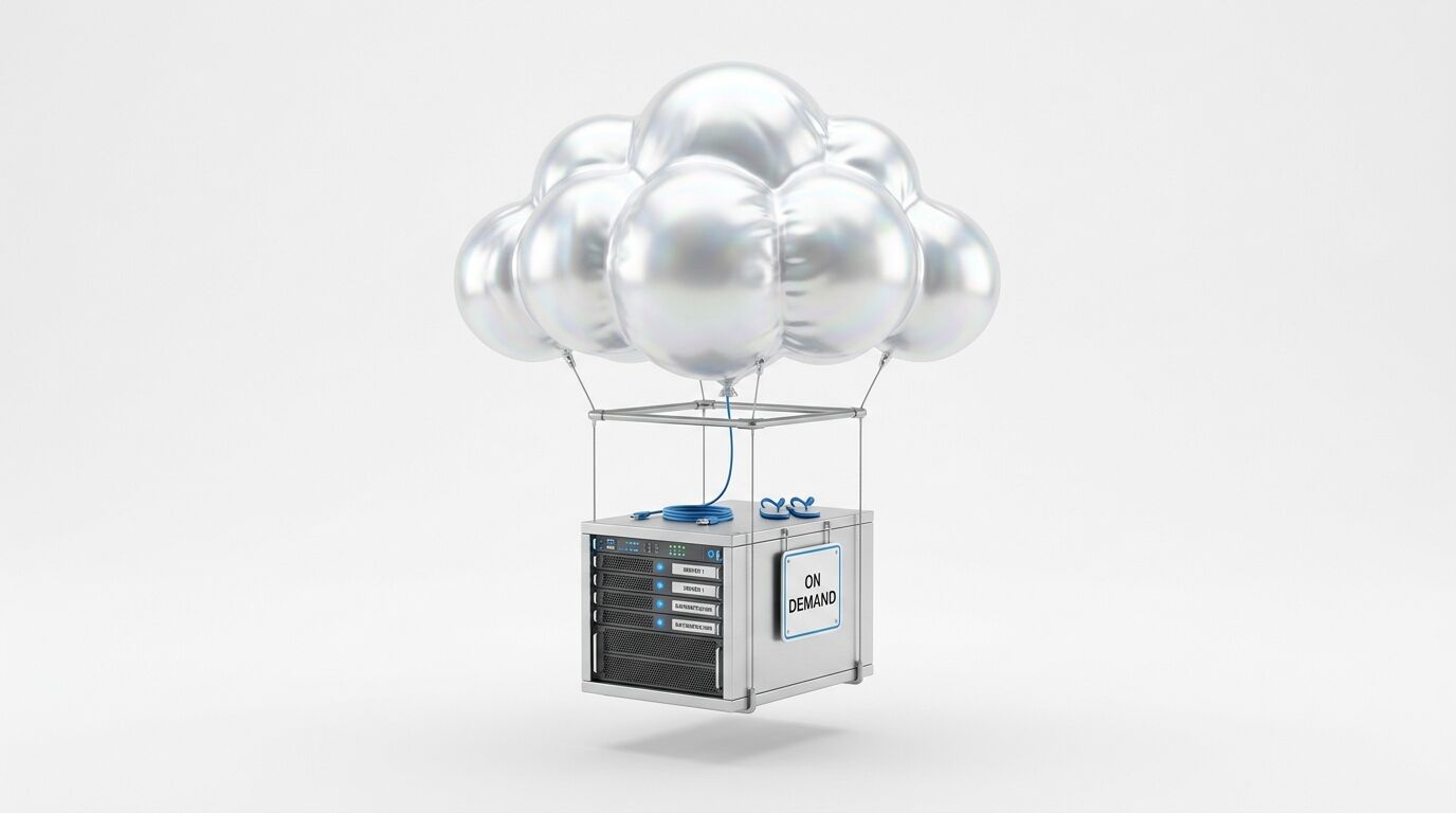 Servergestell mit "ON DEMAND"-Beschriftung schwebt unter einer glänzenden silbernen Wolke aus Ballons