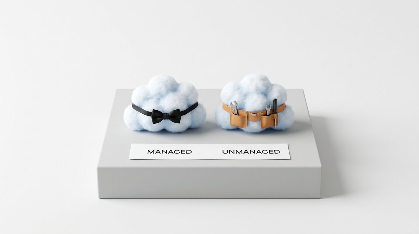 Zwei weiße Wolken auf grauem Sockel: links mit schwarzer Schleife (Managed), rechts mit Werkzeuggürtel (Unmanaged)