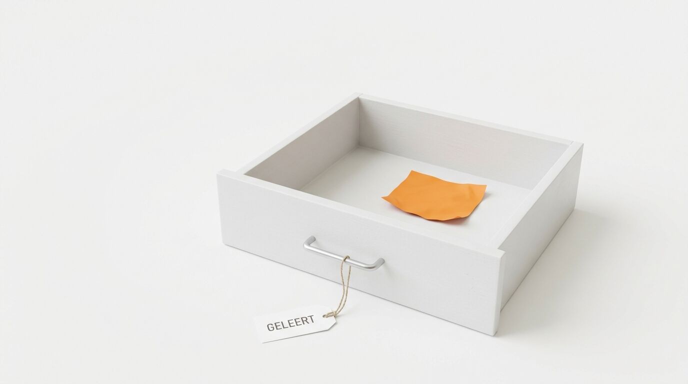 Weiße Schublade, ein orangefarbenes Papier darin, ein Etikett mit der Aufschrift 'GELEERT' außen