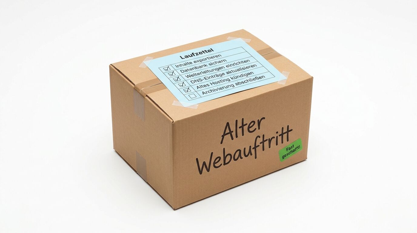 Karton mit der Aufschrift "Alter Webauftritt" und einem Laufzettel mit Checkboxen für verschiedene Aufgaben
