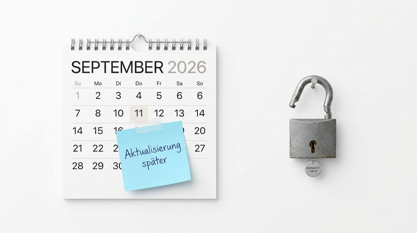 Kalender September 2026 mit Notizzettel "Aktualisierung später" und offenes Vorhängeschloss daneben