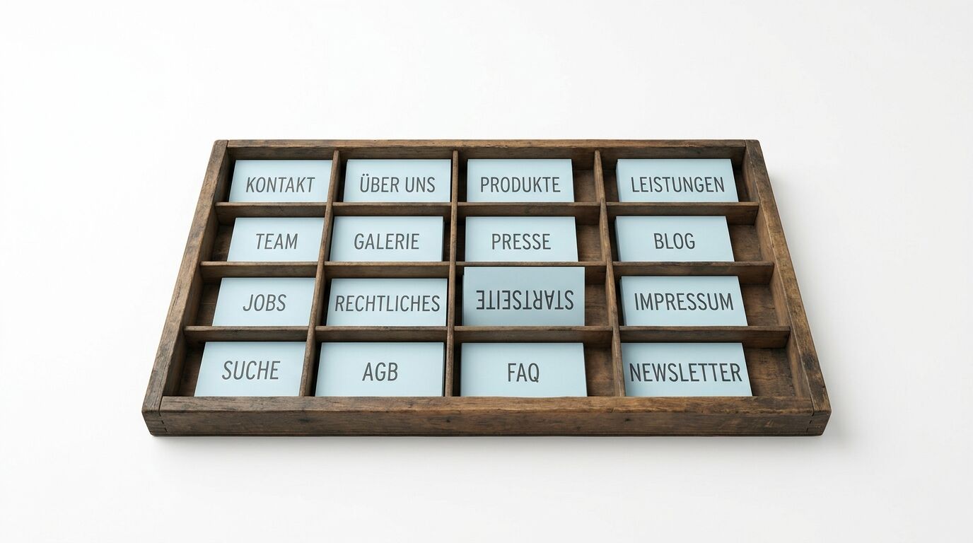 Holzkasten mit 16 Fächern containing website navigation labels in German such as Kontakt, Über uns, Produkte, Leistungen, Team, Galerie, Presse, Blog, Jobs, Rechtliches, Sitemap, Impressum, Suche, AGB, FAQ, Newsletter
